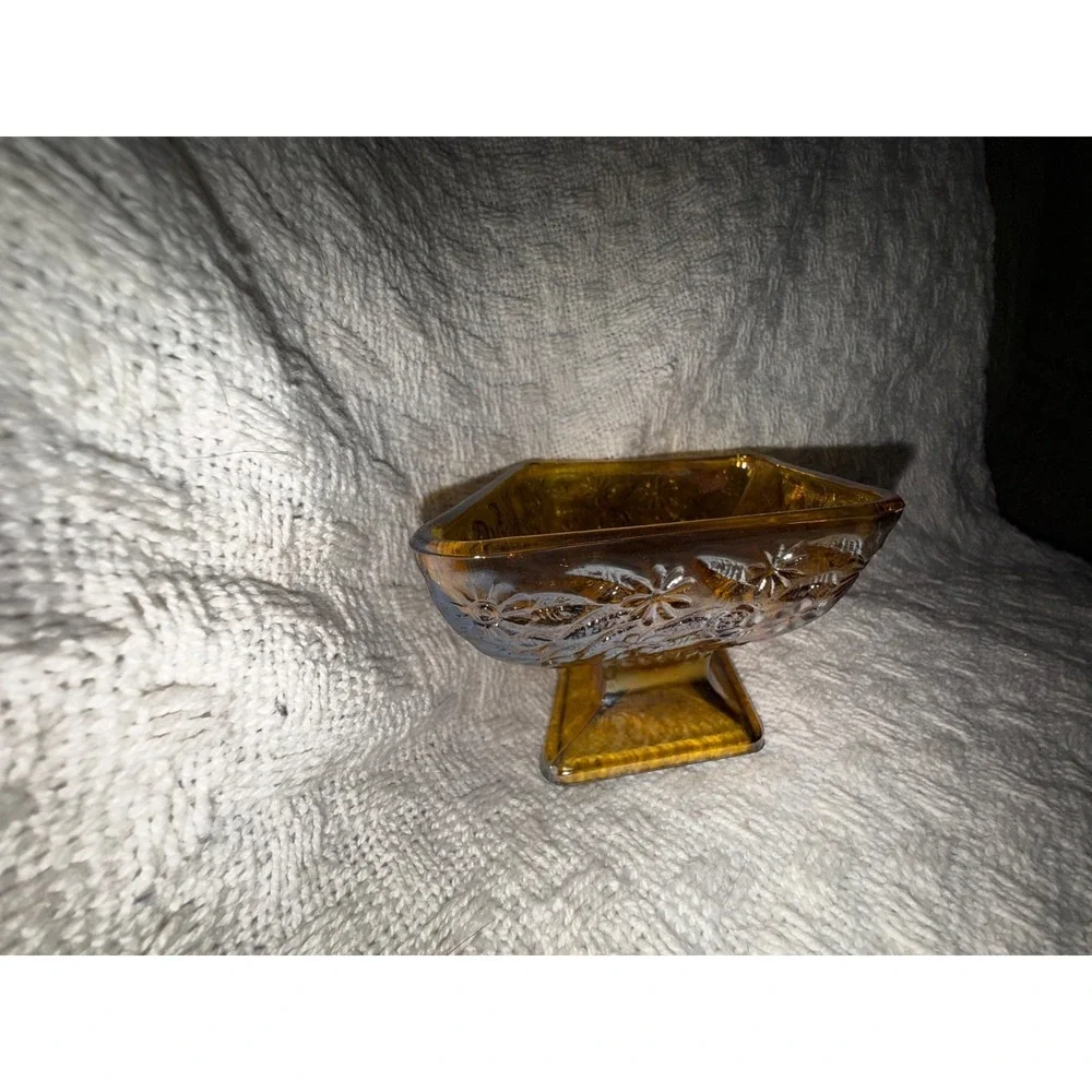 Vintage amber Marigold Carnival Glass  Footed Candy Dish 3x6.5in
